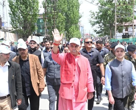 LG Manoj Sinha leading a rally against drug menace in Budgam on Tuesday.