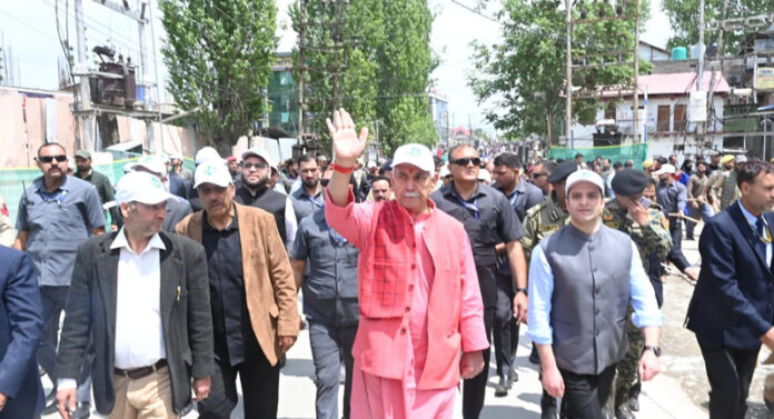 LG Manoj Sinha leading a rally against drug menace in Budgam on Tuesday.