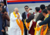 Union Home Minister Amit Shah on his arrival, in Leh on Thursday. (UNI)