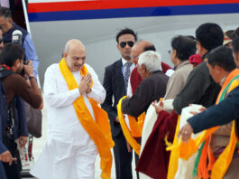 Union Home Minister Amit Shah on his arrival, in Leh on Thursday. (UNI)