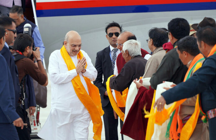 Union Home Minister Amit Shah on his arrival, in Leh on Thursday. (UNI)