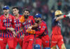 LSG players celebrating after defeating RCB in IPL match at Lucknow.