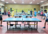 Table Tennis players in action during a match on Tuesday.