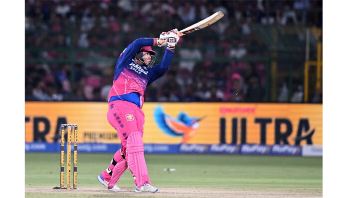 Vaibhav Sooryavanshi playing a shot during his inning of 93 runs against LSG in Jaipur on Tuesday.