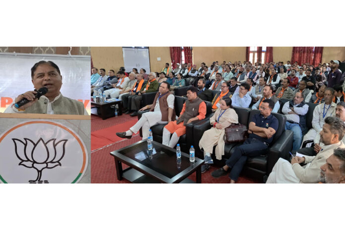 BJP JK UT president and MP (RS), Sat Sharma addressing a district level training workshop at Kishtwar on Sunday.