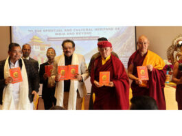 CM of Arunachal Pradesh and other dignitaries releasing a book during Intl Conference at Leh.