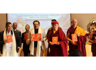 CM of Arunachal Pradesh and other dignitaries releasing a book during Intl Conference at Leh.