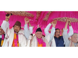 JKPCC Chief T H Karra, AICC gen secy G A Mir and others during party convention in Shopian.