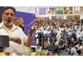 Apni Party president Syed Mohammad Altaf Bukhari addressing a workers' convention in Samba.