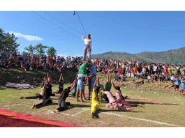 Participants presenting a yoga performance during inaugural session of Bamat Mela in Panchari area of Udhampur.