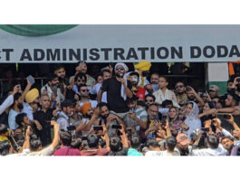 AAP MLA Mehraj Malik addressing workers and supporters at Doda on Sunday. -Excelsior/Tilak Raj