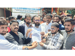 Members of SJAC displaying memorandum of demands before submitting the same to the concerned authorities in Ramban on Sunday. -Excelsior/Parvez Mir
