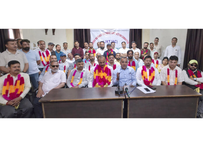 JKTJAC president addressing press conference at Jammu on Sunday. -Excelsior/Rakesh