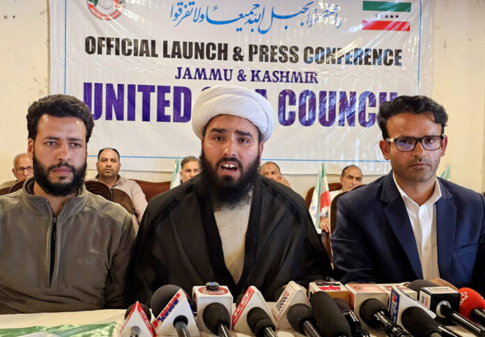 Members of the newly launched J&K United Shia Council during a press conference in Srinagar on Saturday. -Excelsior/Shakeel