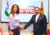 Spain's Secretary General, Ministry of Science, Innovation and Universities, Dr. Eva Ortega-Paíno, as head of a high level delegation, calling on Union Minister Dr Jitendra Singh at Kartvaya Bhawan, New Delhi on Monday.