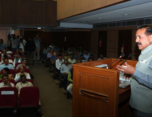 Union Minister Dr Jitendra Singh addressing the 56th Foundation Day of the Department of Science & Technology at Indian National Science Academy, New Delhi, on Monday.