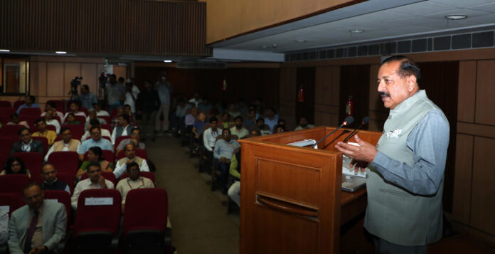 Union Minister Dr Jitendra Singh addressing the 56th Foundation Day of the Department of Science & Technology at Indian National Science Academy, New Delhi, on Monday.