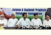 JKPCC working president Raman Bhalla flanked by others addressing press conference in Jammu. -Excelsior/Rakesh
