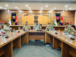 DIG JSK Range, Shridhar Patil, chairing a meeting of police officers in Jammu on Monday.