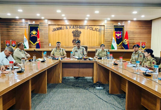 DIG JSK Range, Shridhar Patil, chairing a meeting of police officers in Jammu on Monday.