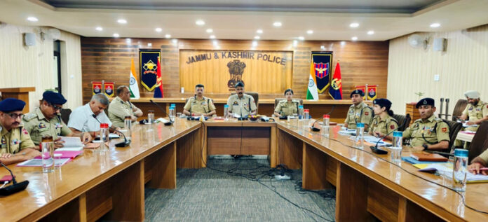 DIG JSK Range, Shridhar Patil, chairing a meeting of police officers in Jammu on Monday.