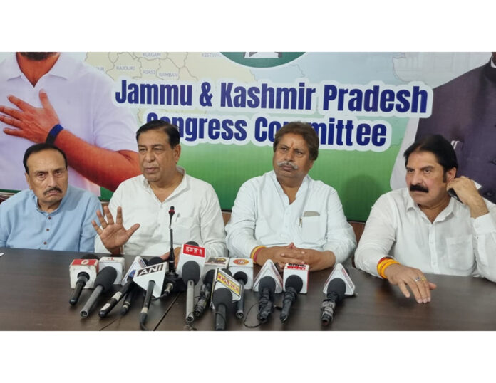 Cong leaders Raman Bhalla, Ravinder Sharma and others addressing press conference in Jammu. -Excelsior/Rakesh Cong leaders Raman Bhalla, Ravinder Sharma and others addressing press conference in Jammu. -Excelsior/Rakesh