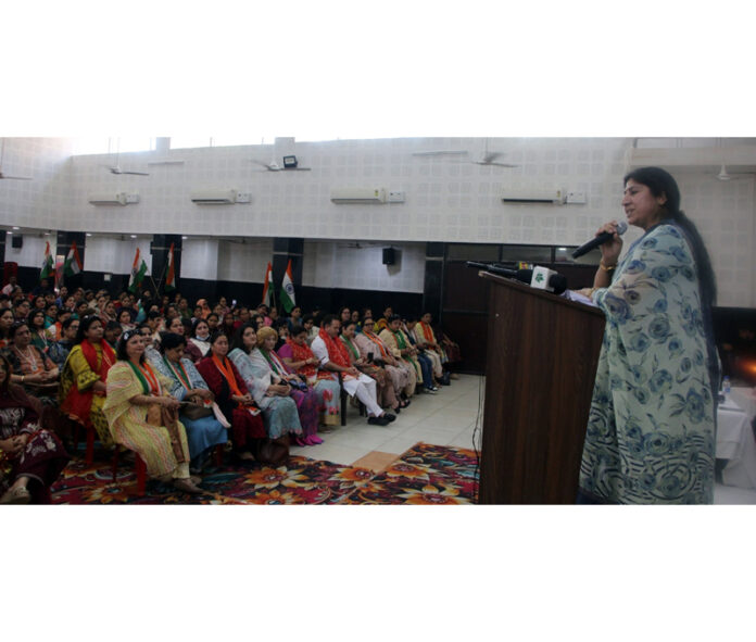 BJP spokesperson Purnima Sharma addressing a meeting at Jammu on Wednesday.