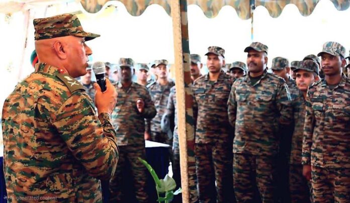 Lt Gen Pratik Sharma interacting with the army officials during his visit to TRINETRA AI Lab at Akhnoor. Lt Gen Pratik Sharma interacting with the army officials during his visit to TRINETRA AI Lab at Akhnoor.