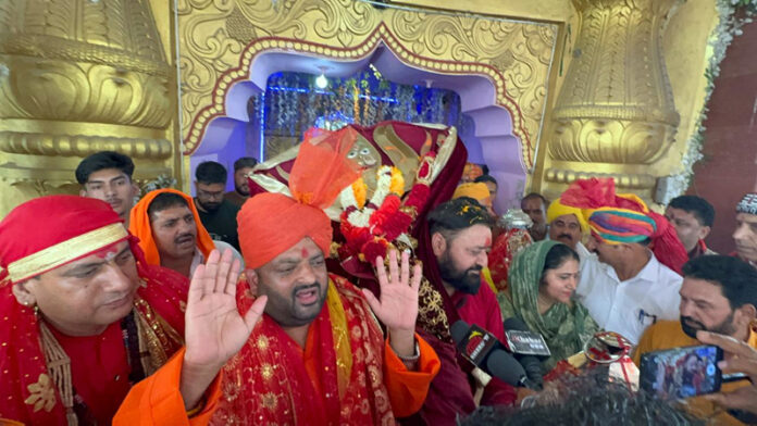 Mahant Bharat Priye along with other priests taking out Chhadi Yatra from Sarv Shakti Chandi Dham, Jammu.