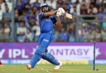 Rohit Sharma playing a shot during his inning of 84 runs against LSG.