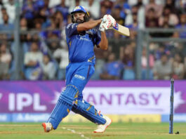 Rohit Sharma playing a shot during his inning of 84 runs against LSG.