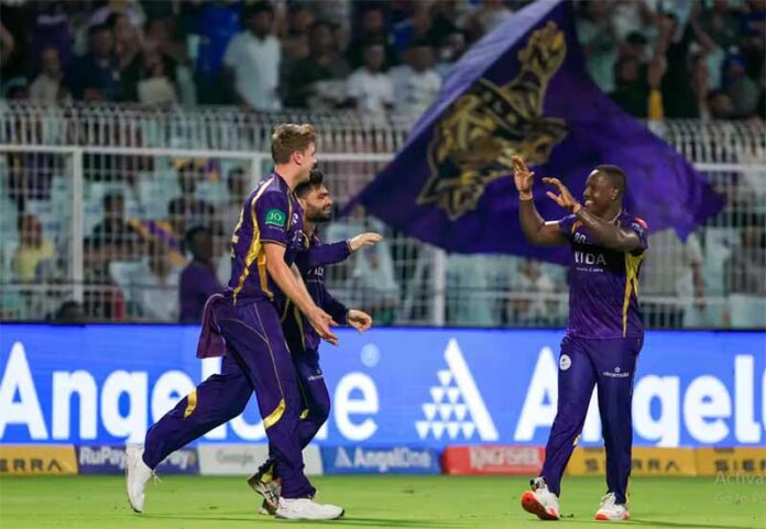 Kolkata Knight Riders players celebrating after taking a wicket during the match against Mumbai Indians. Kolkata Knight Riders players celebrating after taking a wicket during the match against Mumbai Indians.