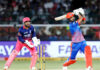 KL Rahul playing a shot during his inning of 75 runs against RR in Jaipur on Friday.
