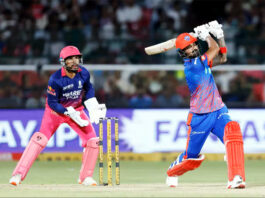 KL Rahul playing a shot during his inning of 75 runs against RR in Jaipur on Friday.