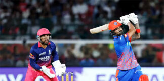 KL Rahul playing a shot during his inning of 75 runs against RR in Jaipur on Friday.