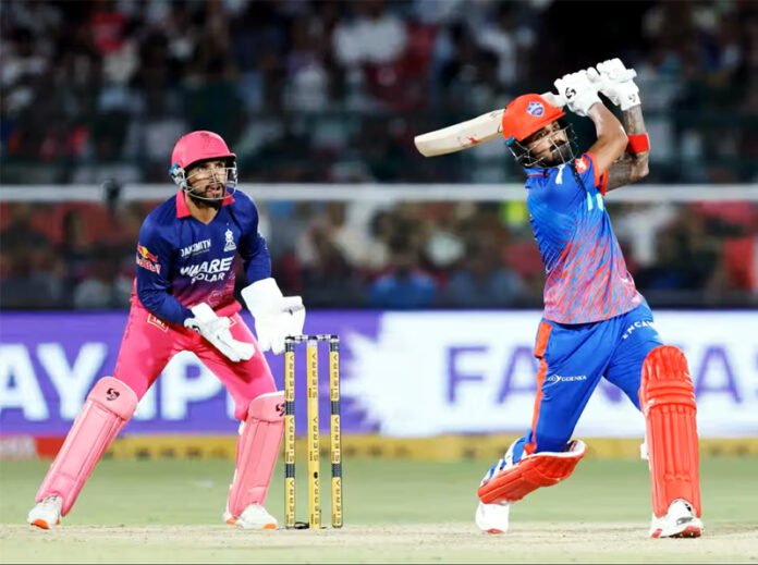 KL Rahul playing a shot during his inning of 75 runs against RR in Jaipur on Friday.