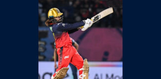 Rajat Patidar playing the winning shot during RCB v/s GT at Dharamshala.