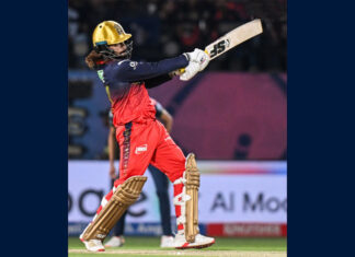 Rajat Patidar playing the winning shot during RCB v/s GT at Dharamshala.