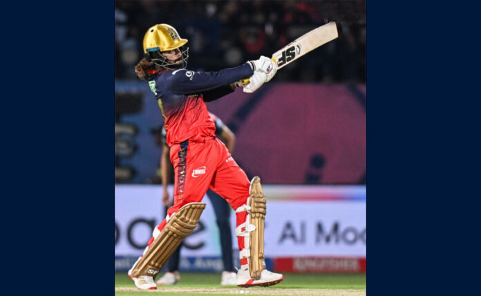 Rajat Patidar playing the winning shot during RCB v/s GT at Dharamshala.