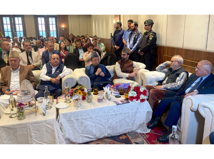 NC president Dr Farooq Abdullah alongwith other political leaders during the launch of a book by renowned neurologist Dr Sushil Razdan, in Srinagar on Saturday. — Excelsior/Shakeel