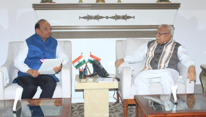 LG Ladakh Vinai Kumar Saxena during his meeting with Union Minister Manohar Lal Khattar in New Delhi on Monday.