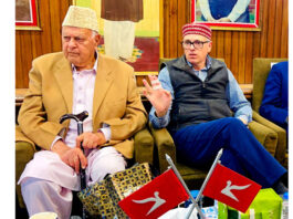 NC president, Dr Farooq Abdullah, speaking to reporters at party headquarters in Srinagar on Thursday. -Excelsior/Shakeel