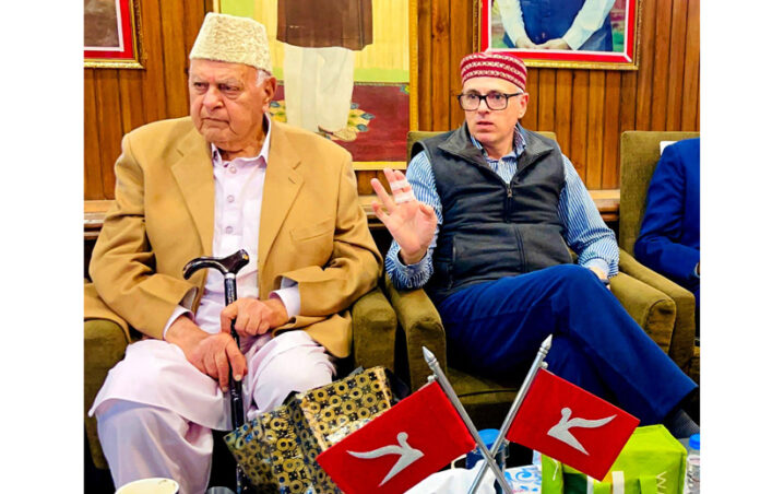 NC president, Dr Farooq Abdullah, speaking to reporters at party headquarters in Srinagar on Thursday. -Excelsior/Shakeel