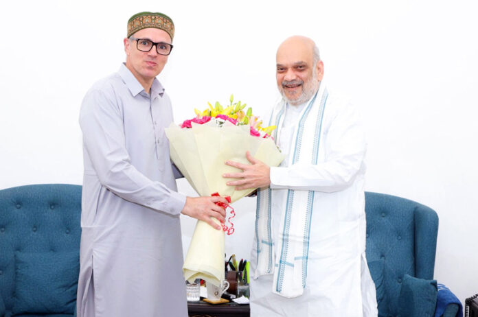 CM Omar Abdullah with Home Minister Amit Shah in New Delhi on Monday.