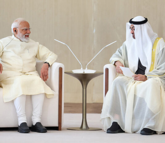 Prime Minister, Narendra Modi attends delegation level talks between India and United Arab Emirates, in Abu Dhabi on Friday. (UNI)