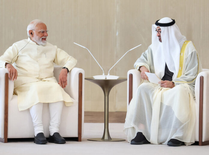 Prime Minister, Narendra Modi attends delegation level talks between India and United Arab Emirates, in Abu Dhabi on Friday. (UNI)