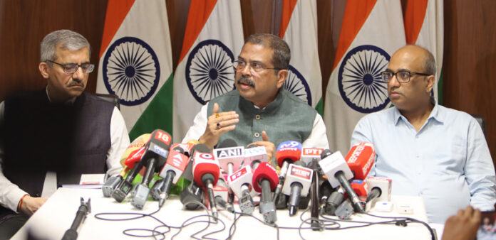 Union Education Minister Dharmendra Pradhan addresses a press conference in New Delhi on Friday. (UNI)