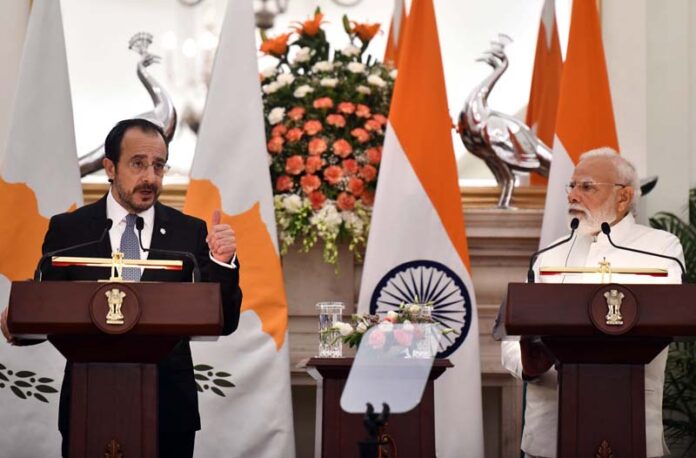 Republic of Cyprus President Nikos Christodoulides and Prime Minister Narendra Modi during their joint press conference in New Delhi on Monday. (UNI) Republic of Cyprus President Nikos Christodoulides and Prime Minister Narendra Modi during their joint press conference in New Delhi on Monday. (UNI)