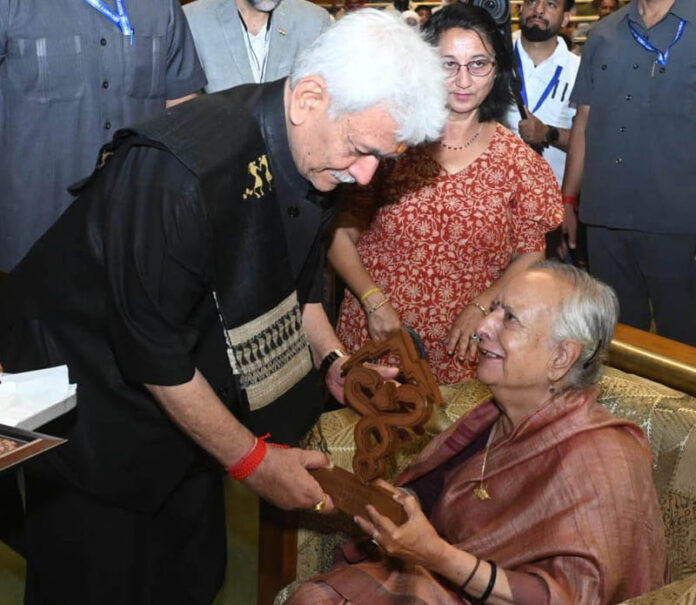 LG Manoj Sinha felicitating a writer during Kashmir Literature Festival in Srinagar on Saturday. LG Manoj Sinha felicitating a writer during Kashmir Literature Festival in Srinagar on Saturday.