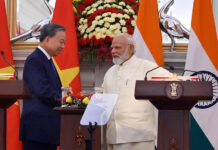 Prime Minister Narendra Modi with Vietnam President To Lam at the Hyderabad House in New Delhi on Wednesday. (UNI)